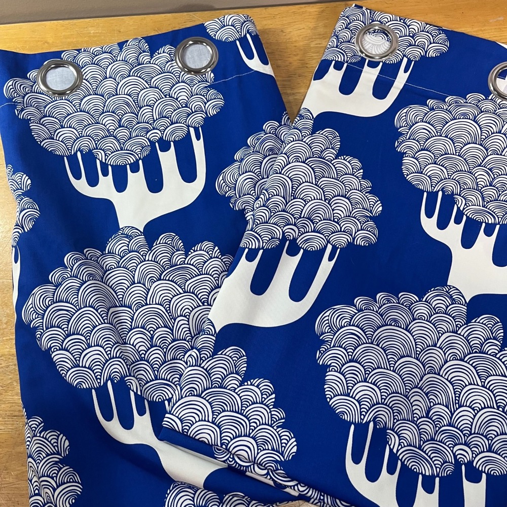 Vtg IKEA Kajsamia Blue White Graphic Tree Grommet Curtain Panels Pair 58x98